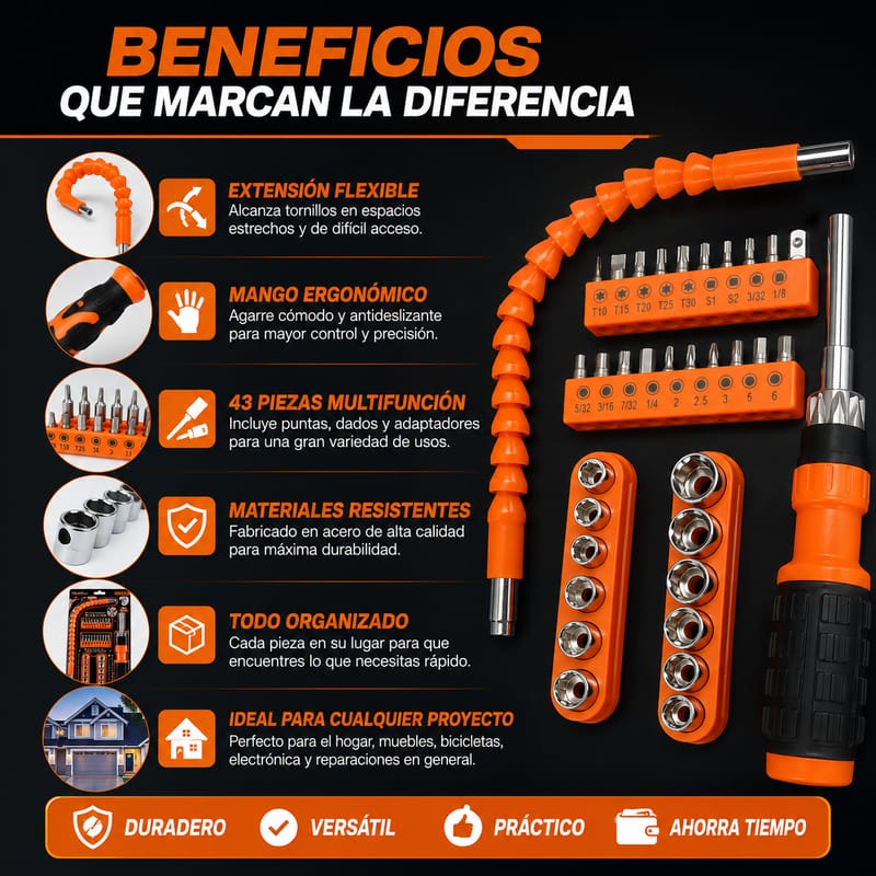 Kit de Destornilladores Recargables 43 en 1 + Extensión Flexible Multiángulo
