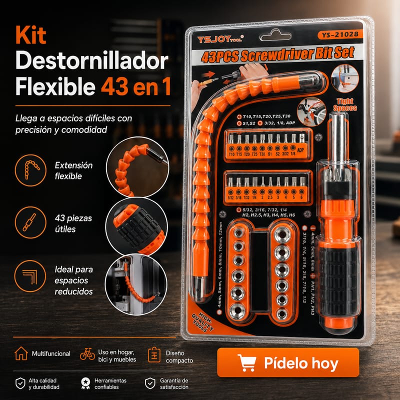 Kit de Destornilladores Recargables 43 en 1 + Extensión Flexible Multiángulo