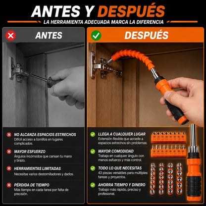 Kit de Destornilladores Recargables 43 en 1 + Extensión Flexible Multiángulo